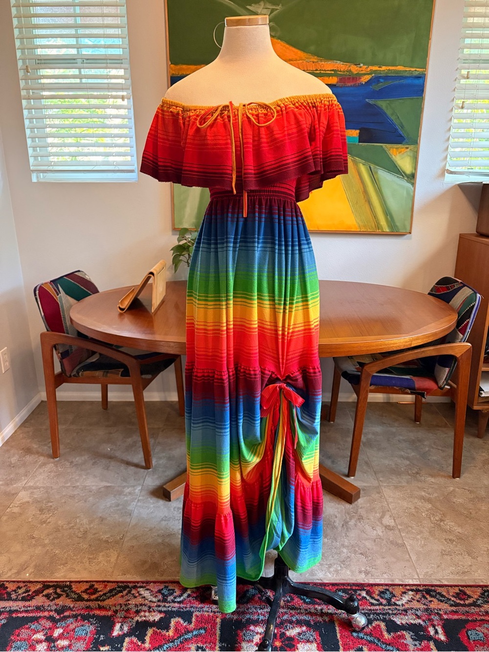 Vintage 60’s Neiman Marcus Women’s Off-Shoulder Terry Cloth Rainbow Maxi Dress